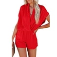thumbnail image 1 of DYMADE Women Summer Spliced Short Sleeve V-Neck Solid Pockets Elastic Waist Shorts One-Piece Jumpsuit, 1 of 3