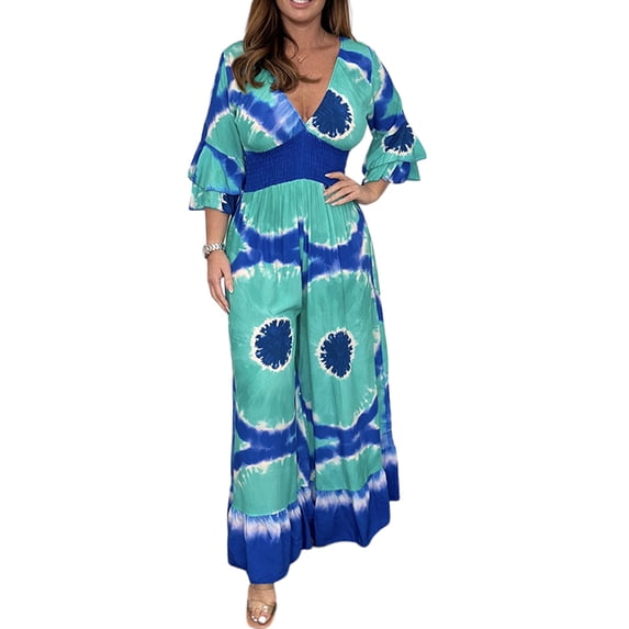 DYMADE Women Summer Workwear 3/4 Sleeve V-Neck Tie Dye Elastic Waist Ruffle Relaxed Fit One-Piece Jumpsuit