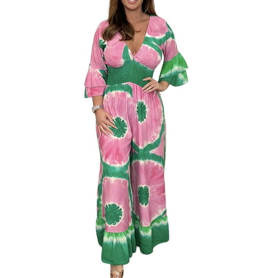 DYMADE Women Summer Workwear 3/4 Sleeve V-Neck Tie Dye Elastic Waist Ruffle Relaxed Fit One-Piece Jumpsuit