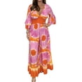 thumbnail image 1 of DYMADE Women Summer Workwear 3/4 Sleeve V-Neck Tie Dye Elastic Waist Ruffle Relaxed Fit One-Piece Jumpsuit, 1 of 3