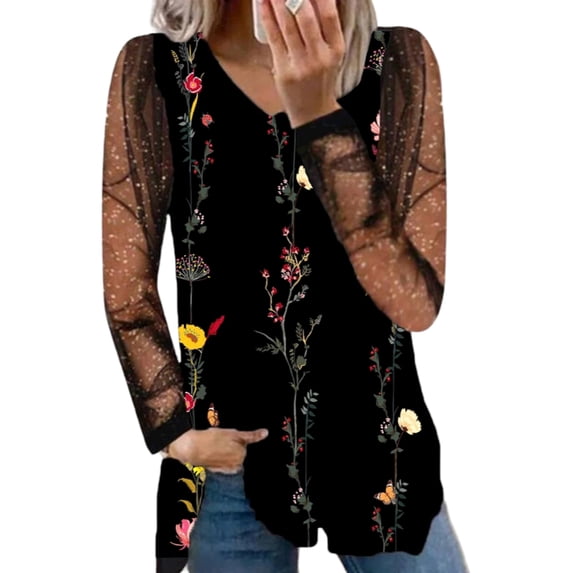 DYMADE Women V-Neck Floral Printed Mesh Sleeve Elegant T-shirt Top