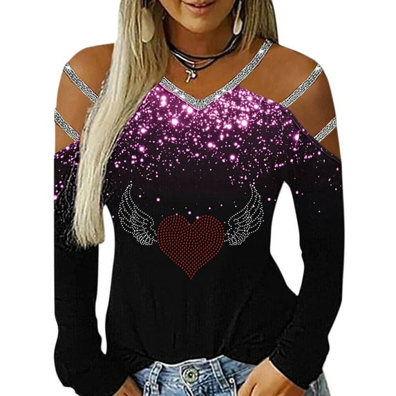 DYMADE Women V-Neck Printed Off Shoulder Long Sleeve T-shirt Top