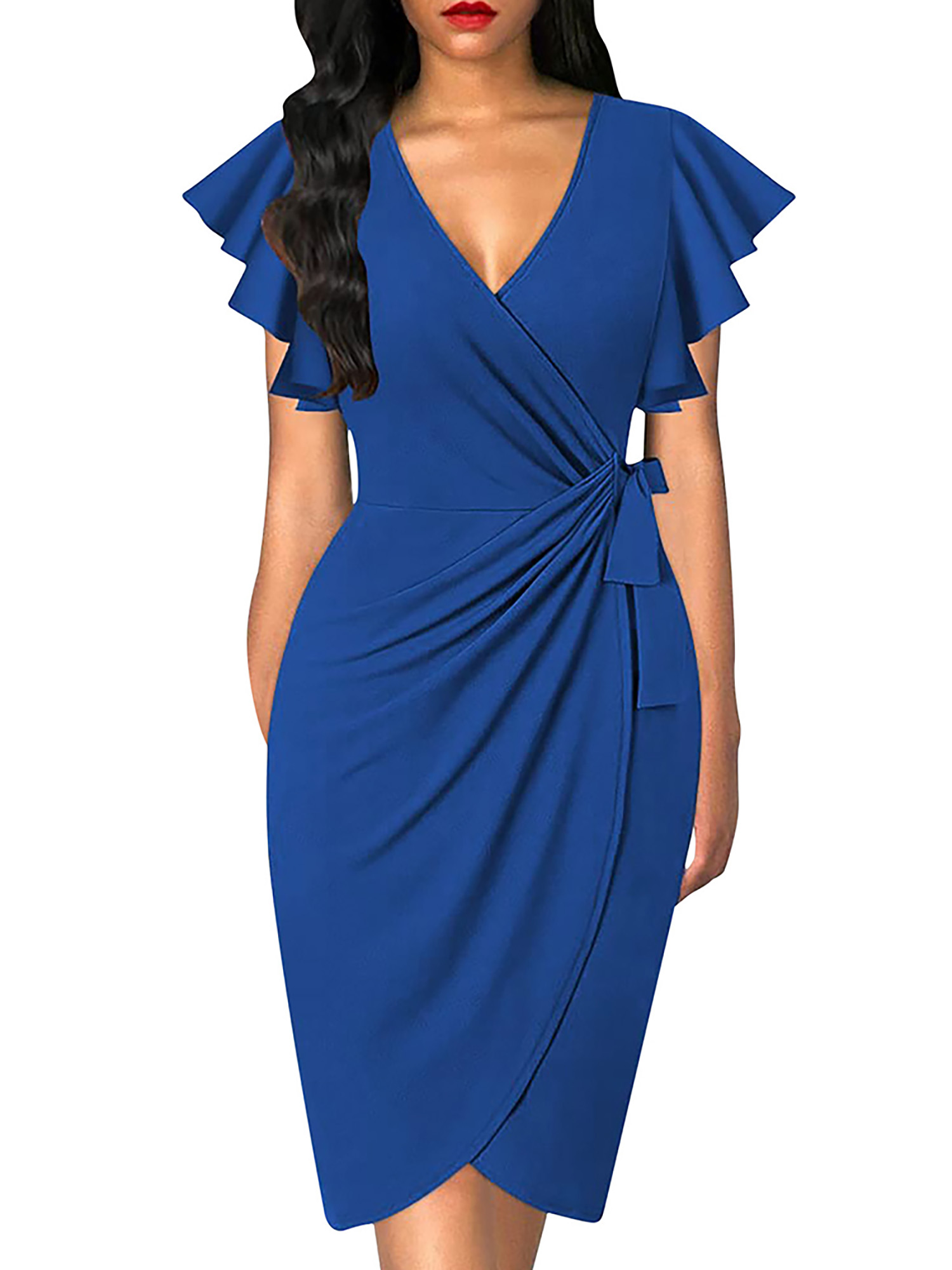 DYMADE Women V-neck Slim Fit Flare Sleeve Wrap Dress - Walmart.com