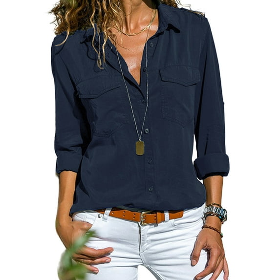 DYMADE Women Versatile OL Shirt Long Sleeve Button Down Solid Blouse