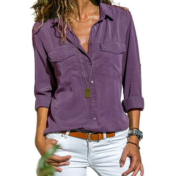DYMADE Women Versatile OL Shirt Long Sleeve Button Down Solid Blouse