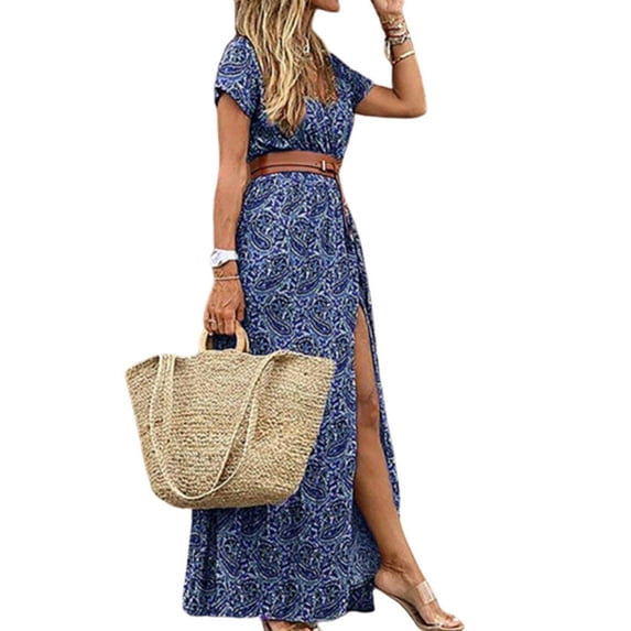 DYMADE Women Wrap V-Neck Boho Short Sleeve Loose Floral Printed Maxi Dress