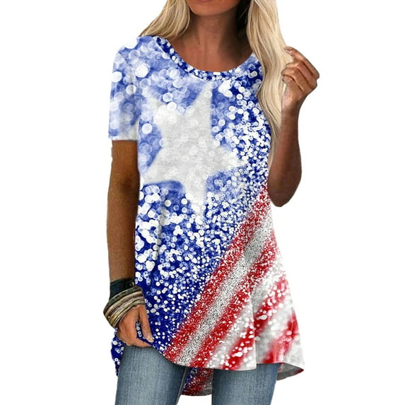 DYMADE Women's American Flag Short Sleeve Tunic Tops Round Neck Curved Hem Pullover Shirt