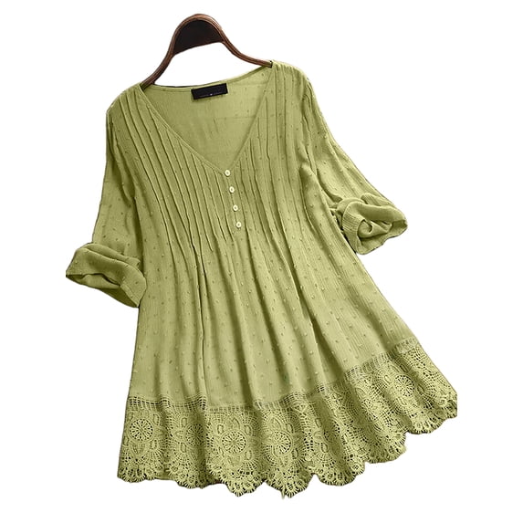 DYMADE Women's Blouse Cotton Linen Button Solid Color 3/4 Sleeve Lace Stitching Tunic Tops