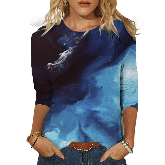 DYMADE Women's Casual 3/4 Sleeve Loose Tunic Tops Round Neck Female T-Shirt