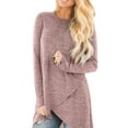 thumbnail image 1 of DYMADE Women's Casual Irregular Crossed Hem Long Sleeve Round Neck T-shirt Tops, 1 of 4