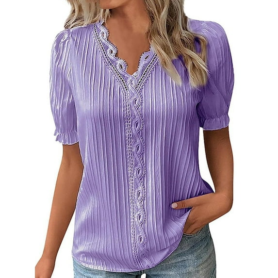 DYMADE Women's Casual Summer Hollow Out Pure Short Sleeve V-Neck Basic Blouse