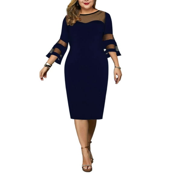 DYMADE Women's Christmas Party Cocktai Ball Gown Lace Stitching 3/4 Sleeve Elegant Bodycon Dress Formal Dresses Plus Size