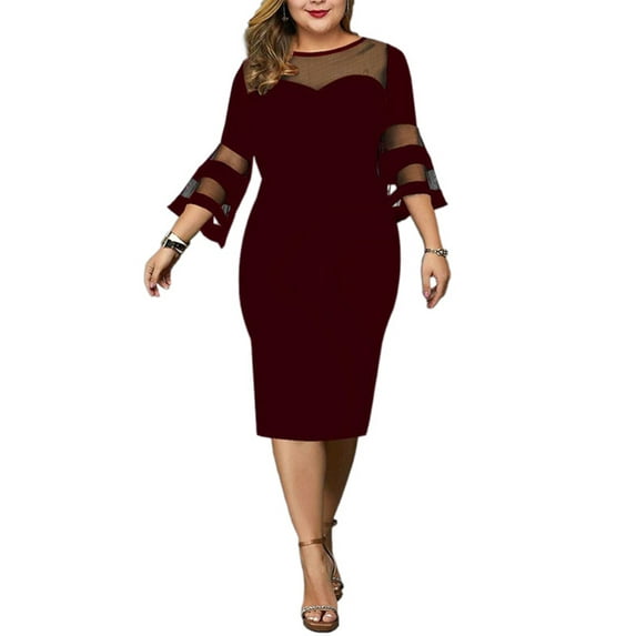 DYMADE Women's Christmas Party Cocktai Ball Gown Lace Stitching 3/4 Sleeve Elegant Bodycon Dress Formal Dresses Plus Size