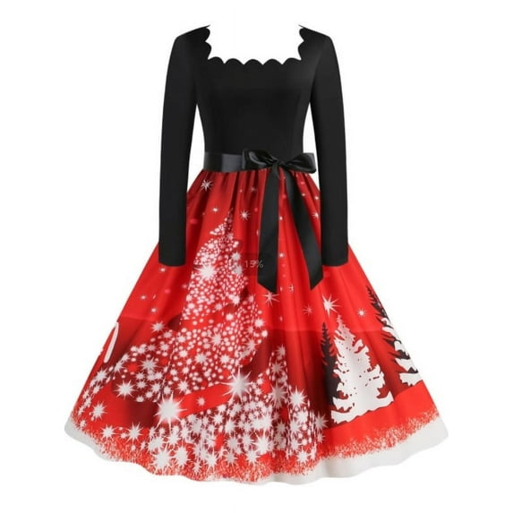 DYMADE Women's Christmas Party Costumes Elk Print Square Collar Long Sleeve Fit & Flare Dresses