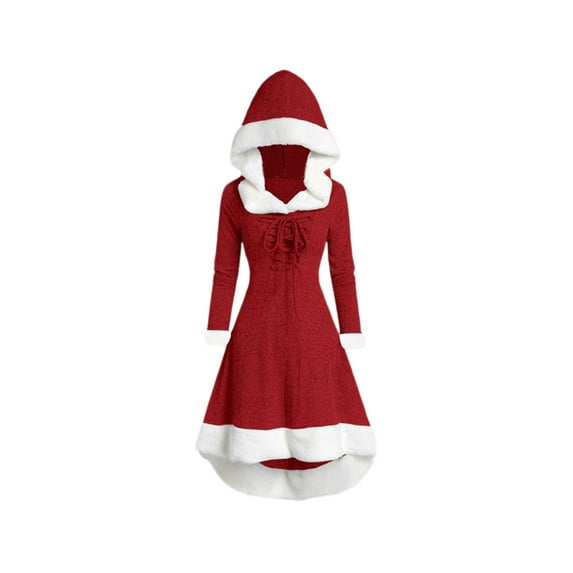 DYMADE Women's Christmas Party Costumes Hooded Spliced Winter Furry Hem Irregular Long Sleeved Lace Up Knitted Dresses