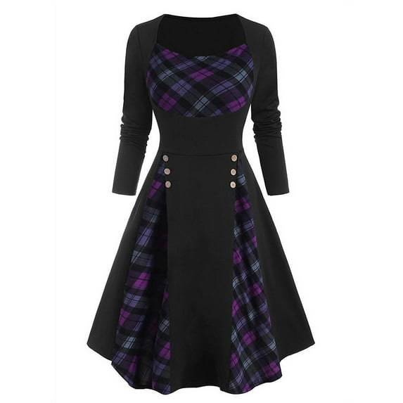 DYMADE Women's Christmas Stitching Plaid Print Square Neck Long Sleeve Vintage Knee Length Dress