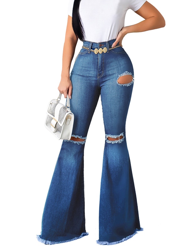 DYMADE Women's Classic Flare Jeans Bootcut Bell Bottom Flared Ripped Denim Pants - image 1 of 3