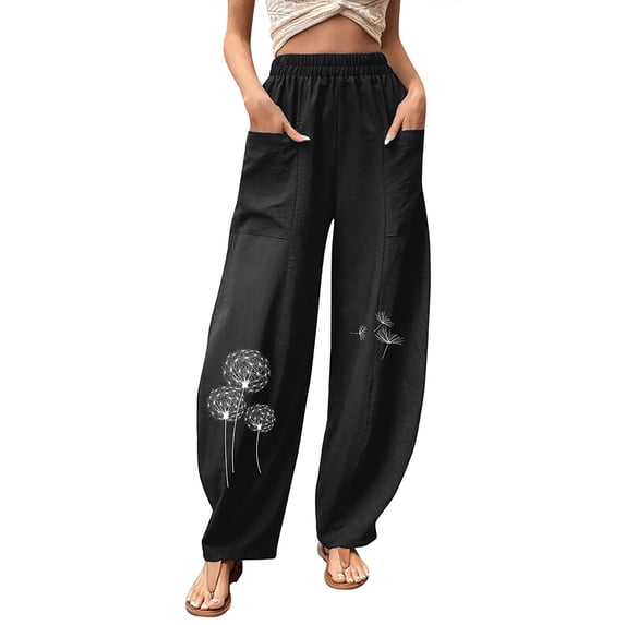 DYMADE Women's Cotton Blend Elastic Waist Solid Color Relaxed Fit Casual Pants