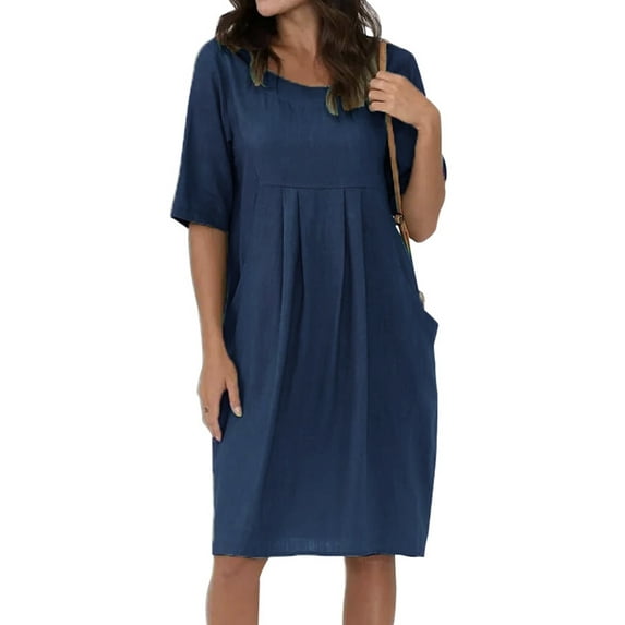 DYMADE Women's Cotton Linen Pockets Puff Half Sleeve Round Neck Loose Waist Summer Casual Dresses