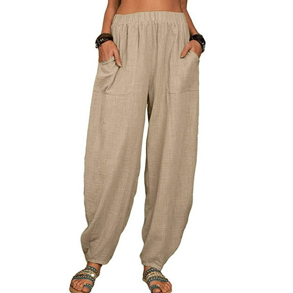 DYMADE Women's Cotton Linen Summer Sold Pockets Elastic Waist Casual Harem Pant Plus Size S-5XL