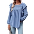 thumbnail image 1 of DYMADE Women's Fashion Long Sleeve Lace Ruffle Solid Color Round Neck Elegant Basic Blouse, 1 of 5