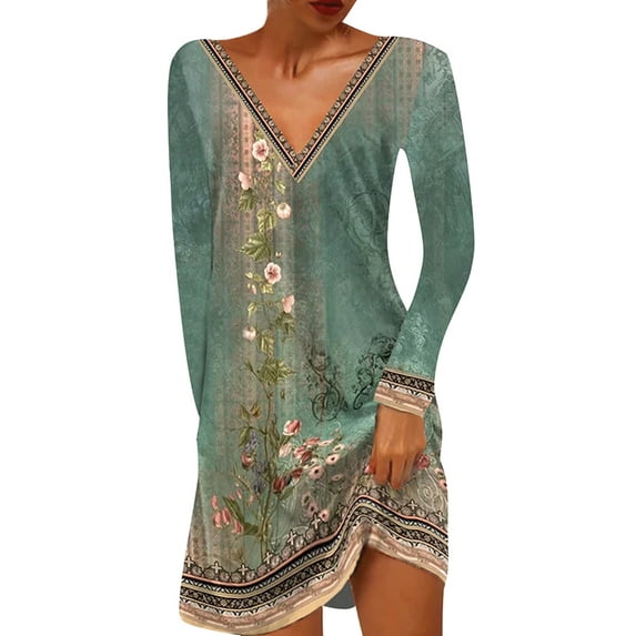 DYMADE Women's Fashion Spring Autumn Floral Print V-Neck Long Sleeve Casual Dress