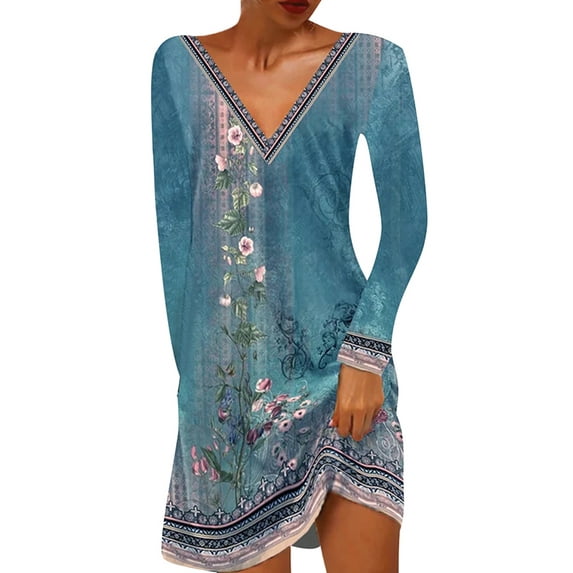 DYMADE Women's Fashion Spring Autumn Floral Print V-Neck Long Sleeve Casual Dress