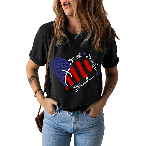 DYMADE Women's Independence Day Round Neck Short Sleeve US Flag Print Cotton Basic T-Shirt Top