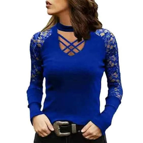 DYMADE Women's Lace Long Sleeve Solid Color Criss-Cross V-Neck Casual T-Shirt Blouse Tops
