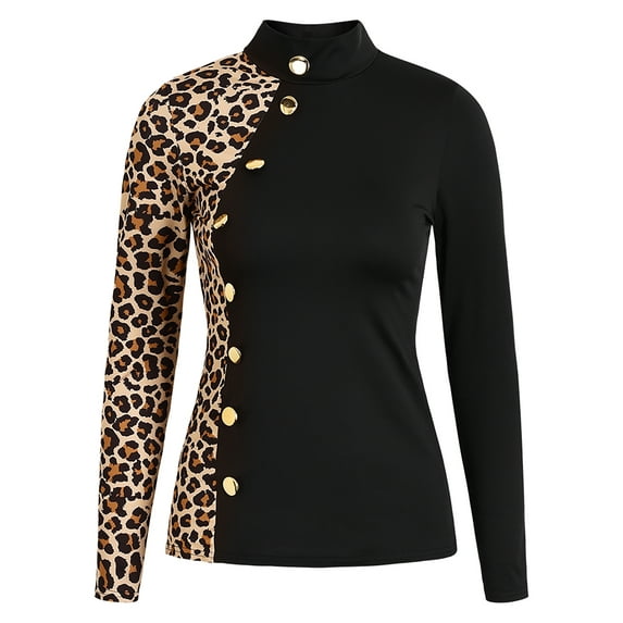 DYMADE Women's Leisure Leopard Print Long Sleeve Slim Fit Blouses Top