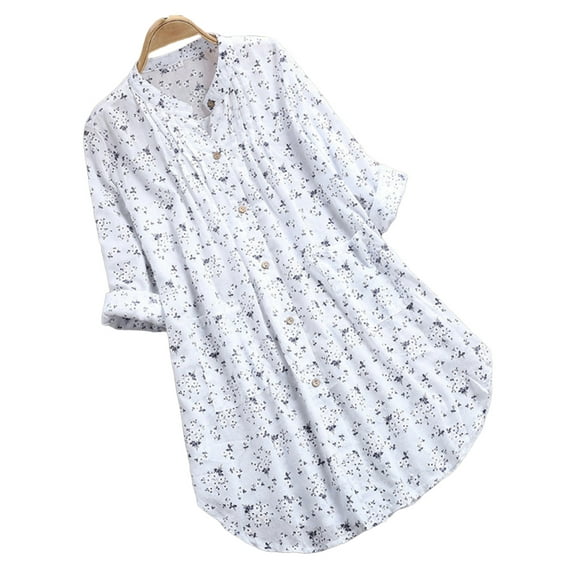 DYMADE Women's Leisure Long Sleeve Round Neck Floral Print Button Tunic Blouse Plus Size S-5XL