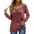 thumbnail image 1 of DYMADE Women's Leisure Solid V-Neck Long Sleeve Pleated Basic T-Shirt Blouse Tops, 1 of 3
