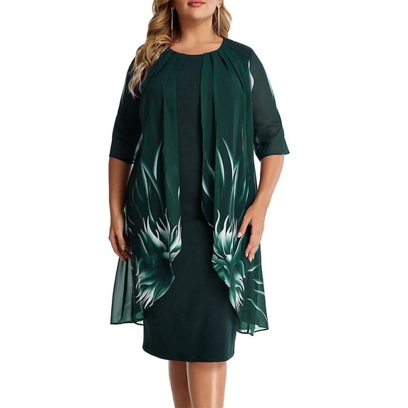 DYMADE Women's Party Cocktail Ball Gown Casual Floral Print 3/4 Sleeve Loose Waist Dresses Plus Size