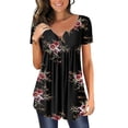 thumbnail image 1 of DYMADE Women's Pleated Buttons Hem T-shirt Round Neck Printed Casual Tops, 1 of 6