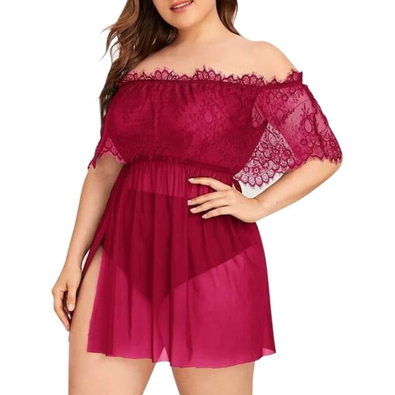DYMADE Women's Plus Size Babydoll Lingerie Sleepwear Split Hem Sexy Lace One Shoulder Nightdress with Thongs