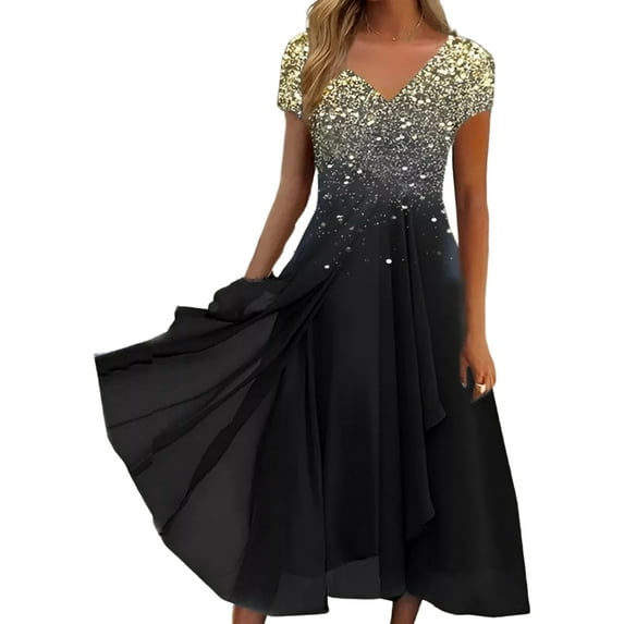 DYMADE Women's Plus Size S-5XL Summer Floral Print V-Neck Short Sleeve Chiffon Pleated Fit & Flare Dresses