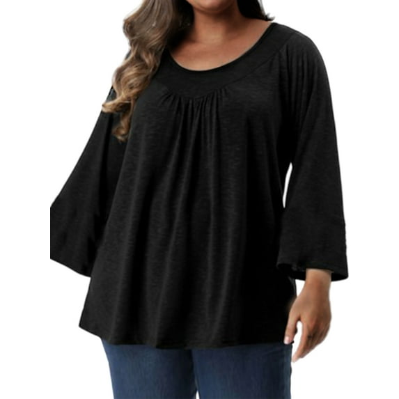 DYMADE Women's Plus Size Solid Color Casual Pleated Round Neck Loose Long Sleeve Undershirt Tops