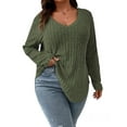 thumbnail image 1 of DYMADE Women's Plus Size Solid Spliced V-Neck Long Sleeve Loose Basic T-Shirt Blouses, 1 of 4