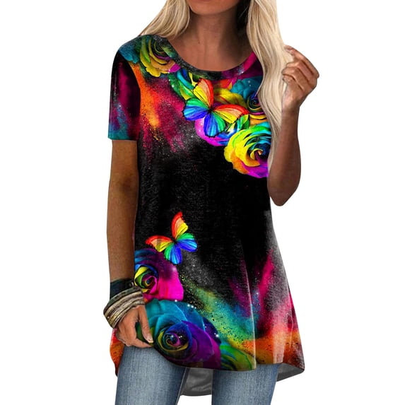 DYMADE Women's Short Sleeve Round Neck Printed Flowy Tunics Top