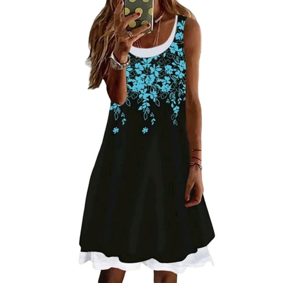 DYMADE Women's Sleeveless Floral Print Round Neck Loose Flowy Casual Mini Dress