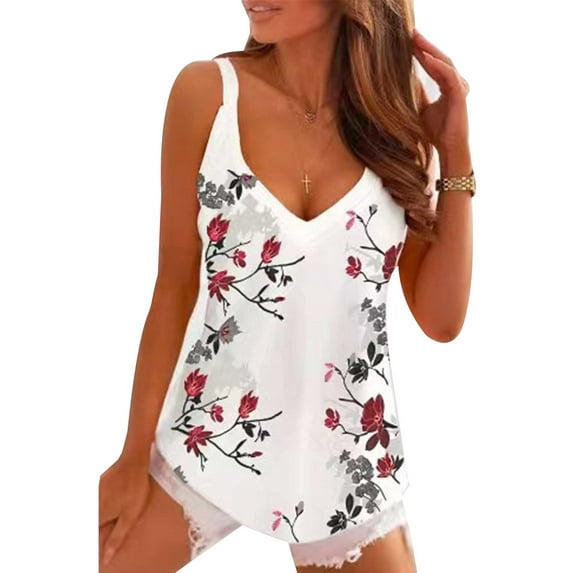 DYMADE Women's Sleeveless V Neck Relaxed Fit Floral Tank Top
