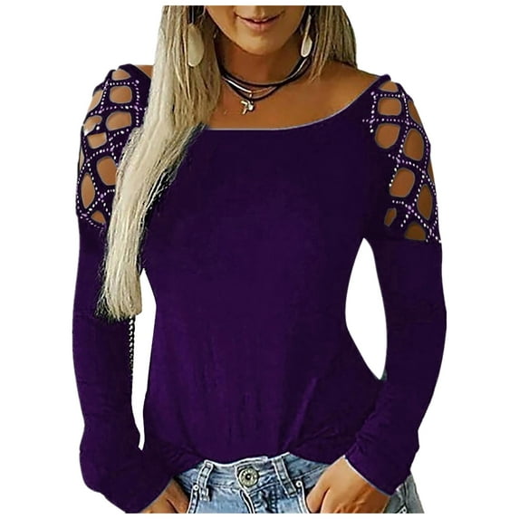 DYMADE Women's Solid Hot Drilling Hollow Out Long Sleeve Round Neck Casual Loose Tops