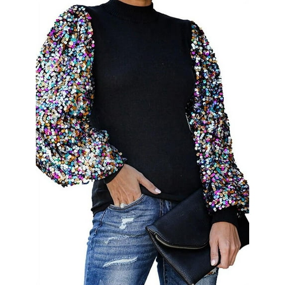 DYMADE Women's Sparkly Sequin Lantern Top