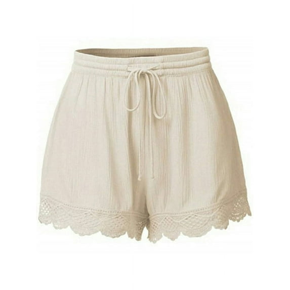DYMADE Women's Summer Basic Shorts Casual Lace Patchwork Beach Hot Shorts Elastic Drawstring Waist Pants