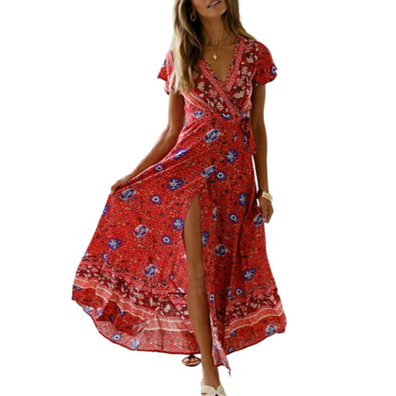 DYMADE Women's Summer Bohemian Beach V-Neck Short Sleeve Side Split Wrap Maxi Dresses
