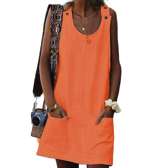 DYMADE Women's Summer Dungaree Dress Pockets Round Neck Sleeveless Loose Waist Button Pinafor Dresse