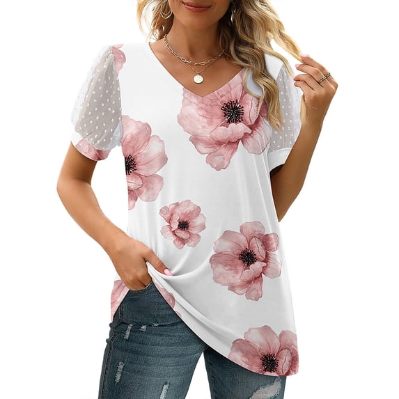 DYMADE Women's Summer Floral Print Mesh Spliced Short Sleeve V-Neck Basic T-Shirt Blouses
