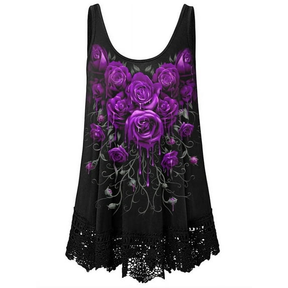 DYMADE Women's Summer Leisure Scoop Neck Sleeveless Floral Print Gothic Style Gorgeous Lace Hem Tank Tops Plus Size