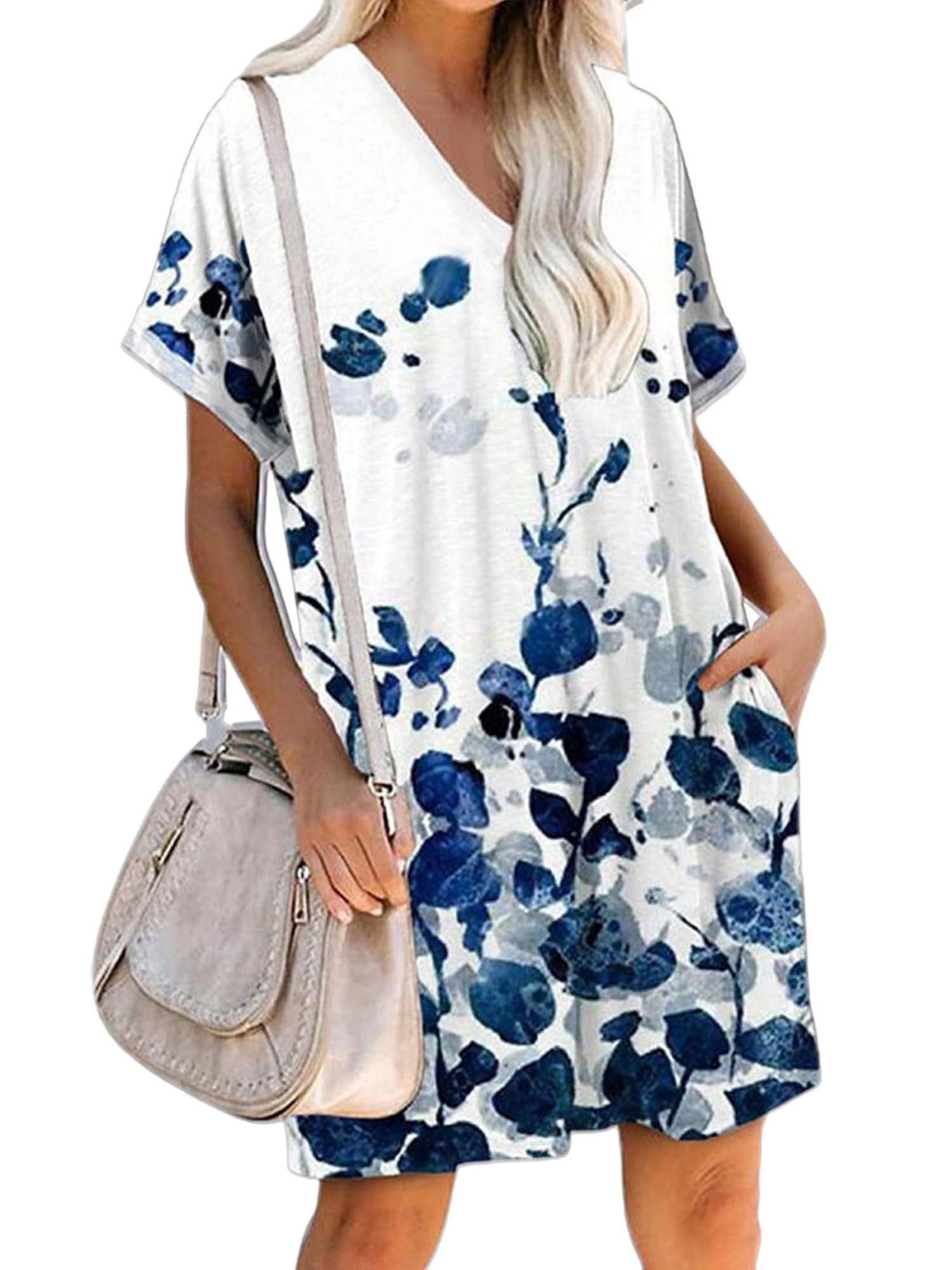 DYMADE Women's Summer Short Sleeve V Neck Floral Pocket T-Shirt Dress ...