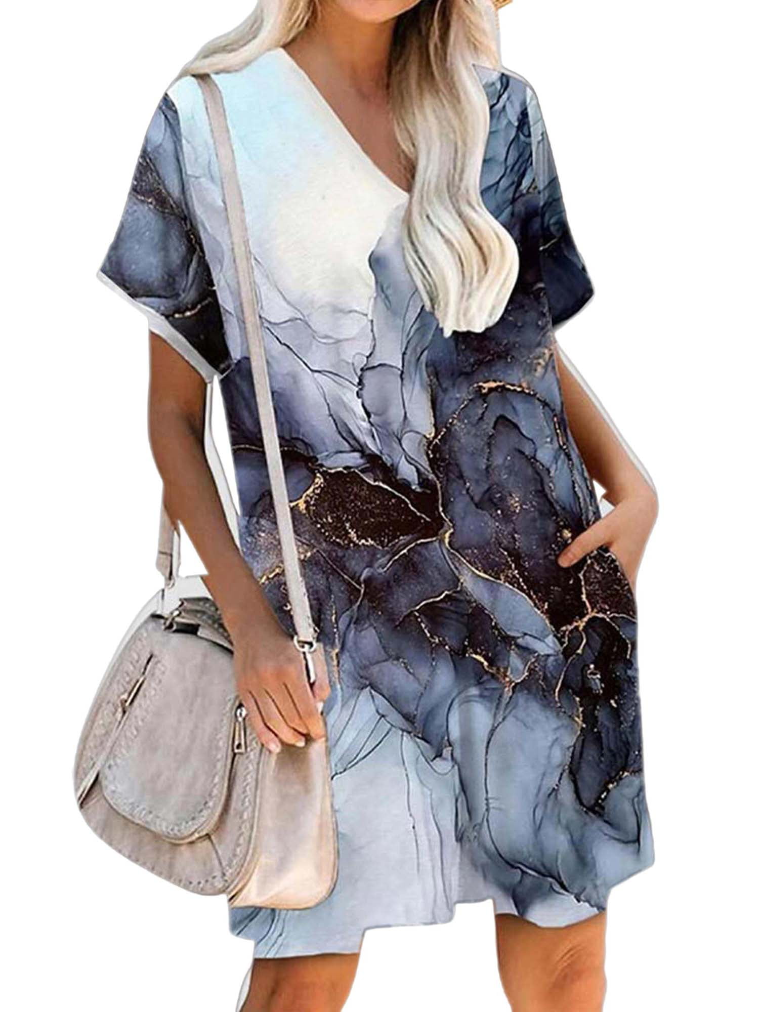 DYMADE Women's Summer Short Sleeve V Neck Floral Pocket T-Shirt Dress ...